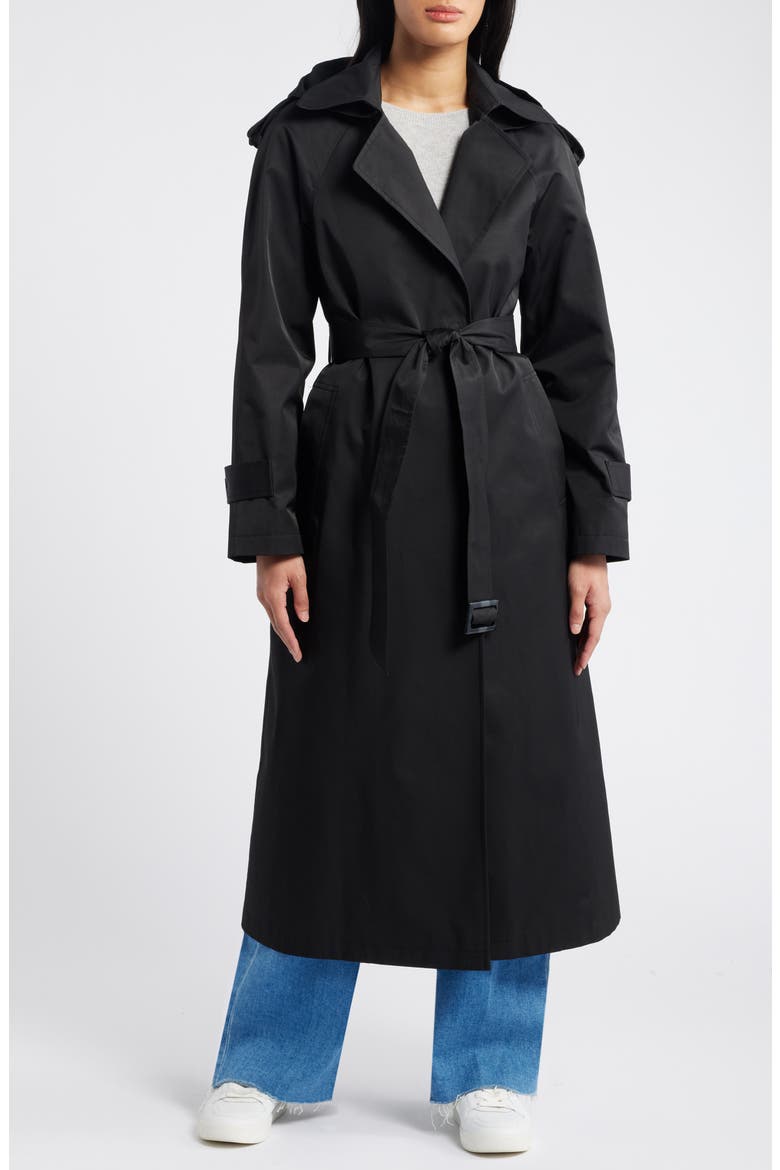 Cotton Blend Trench Coat with Removable Hood, Main, color, BLACK