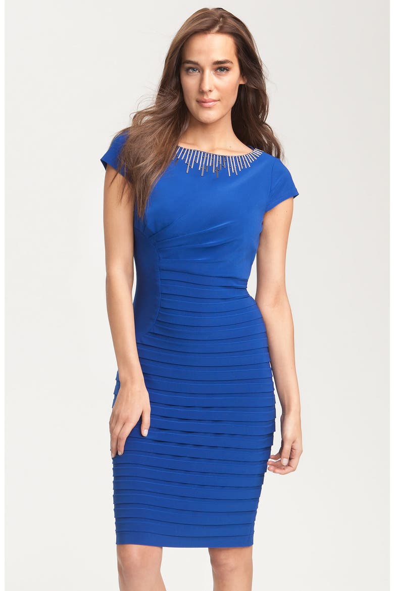 Beaded Pleated Jersey Dress, Main, color, MARINE