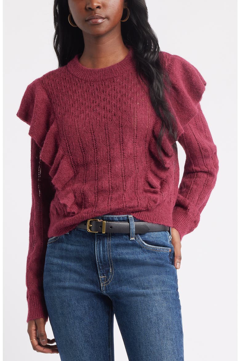 Ruffle Pointelle Sweater, Main, color, BURGUNDY RHODE