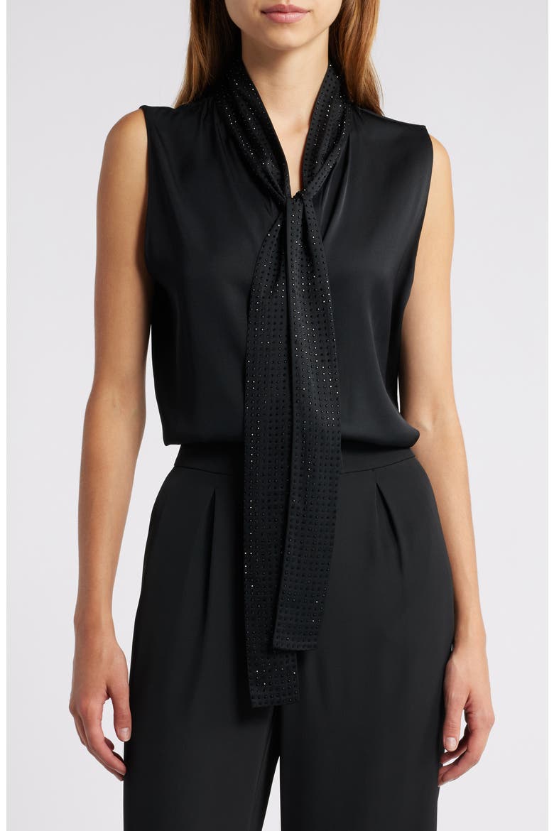 Evelyn Sequin Tie Neck Sleeveless Silk Blend Button-Up Top, Main, color, BLACK
