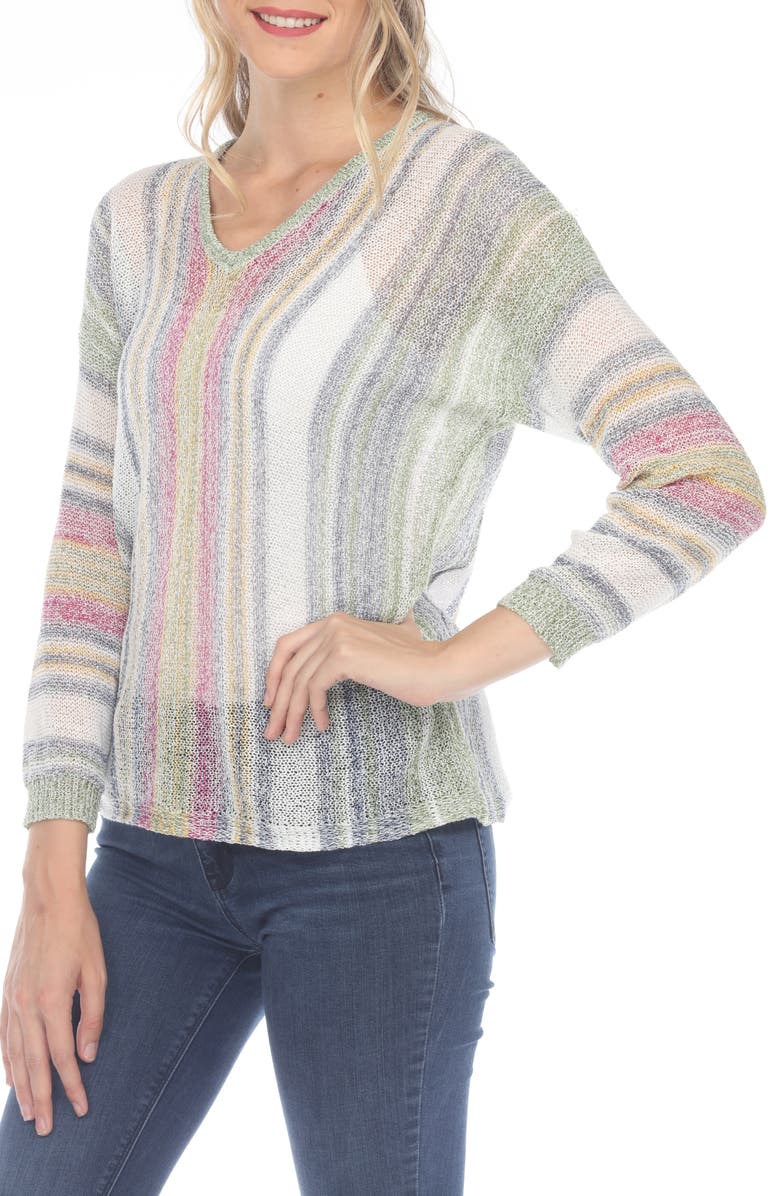 RAIN AND ROSE Stripe V-Neck Long Sleeve Openwork Knit Top, Alternate, color, Olive