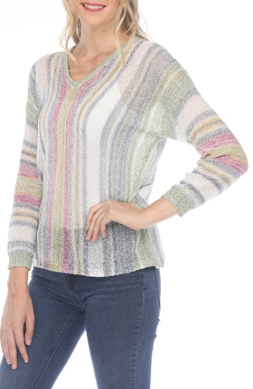 RAIN AND ROSE RAIN AND ROSE STRIPE V-NECK LONG SLEEVE OPENWORK KNIT TOP 