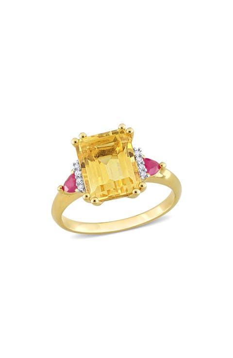 Octagon Cut Citrine Ruby & Diamond Ring - 0.04ct.