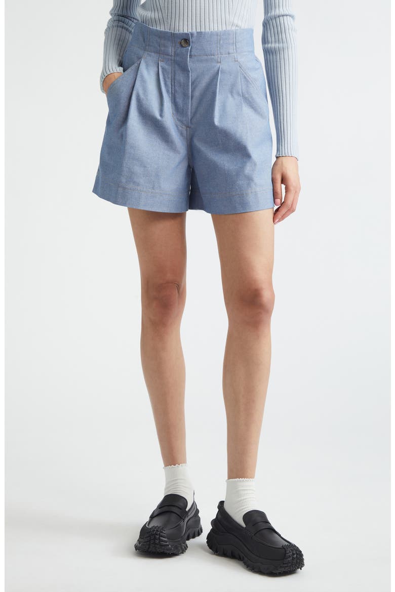 Pleated Cotton Chambray Shorts, Main, color, RAIN WASHED