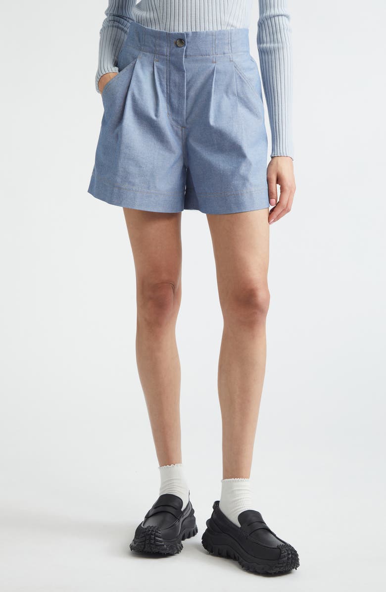 Moncler Grenoble Pleated Cotton Chambray Shorts, Main, color, Rain Washed