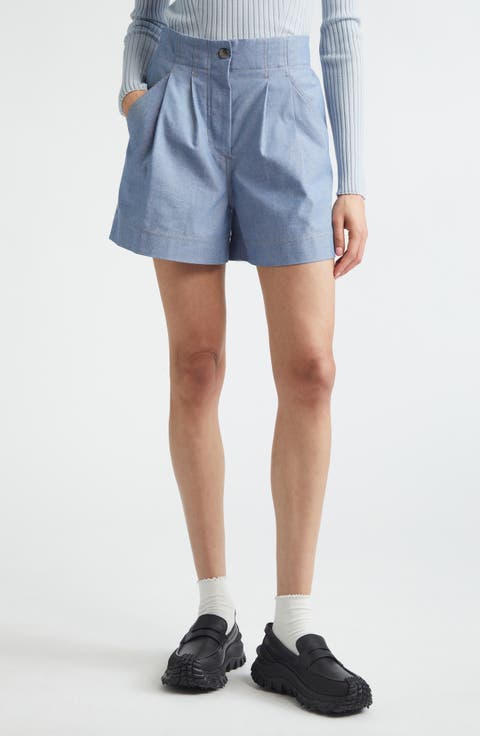 Pleated Cotton Chambray Shorts