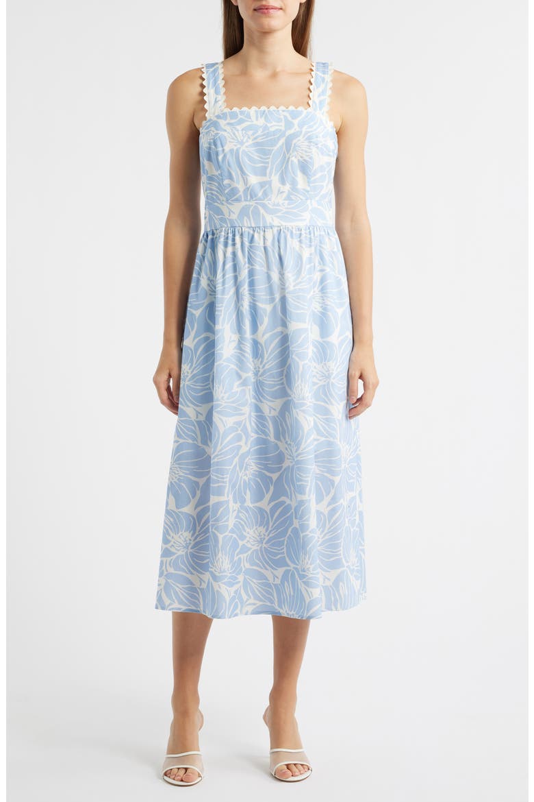 Palm Print Stretch Cotton Midi Dress, Main, color, LIGHT BLUE