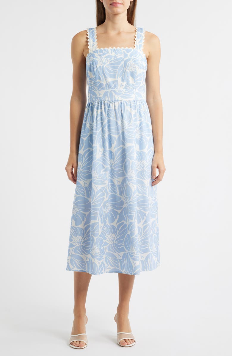 Sam Edelman Palm Print Stretch Cotton Midi Dress, Main, color, Light Blue