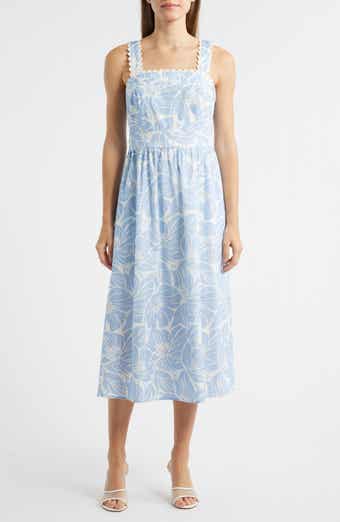 Palm Print Stretch Cotton Midi Dress