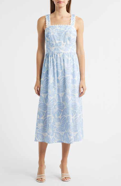 Palm Print Stretch Cotton Midi Dress
