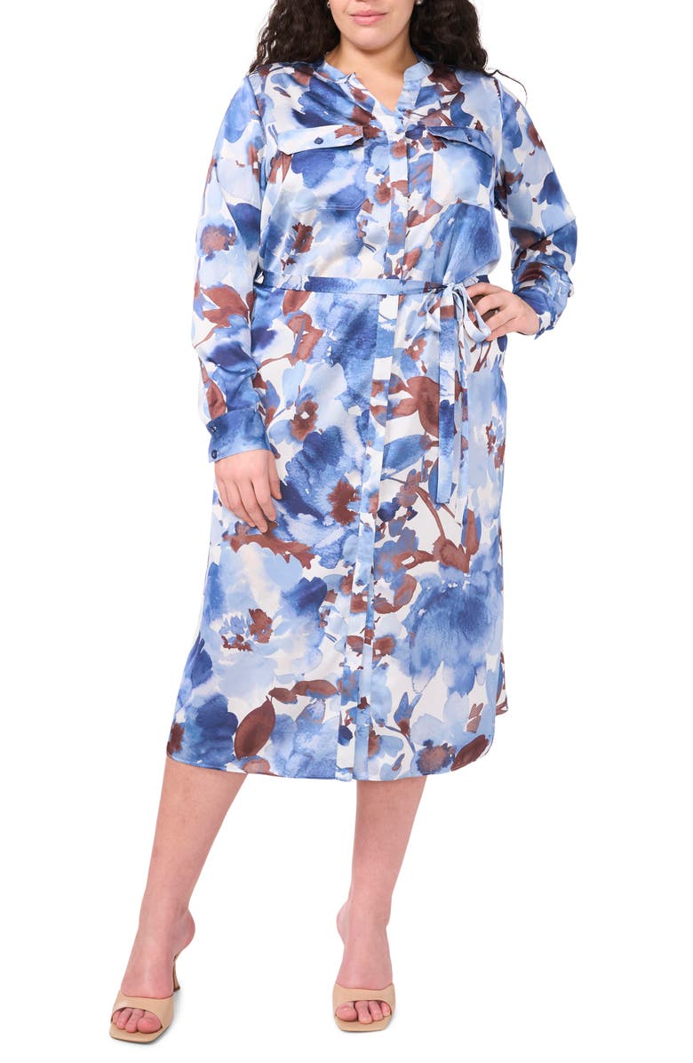 Halogen<sup>®</sup> Print Tie Waist Midi Shirtdress, Main, color, Blue Fog