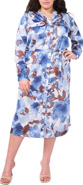 Halogen® Print Tie Waist Midi Shirtdress