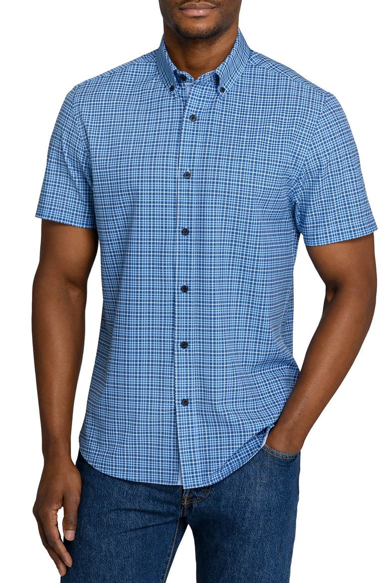 Slim Fit Houndstooth Plaid Woven Short Sleeve Basic Shirt, Main, color, LIGHT BLUE/NAVY