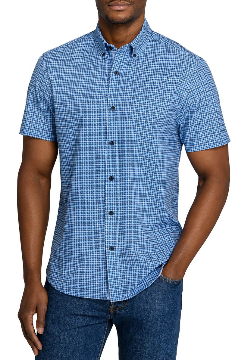 CONSTRUCT Slim Fit Houndstooth Plaid Woven Short Sleeve Basic Shirt, Main, color, Light Blue/Navy