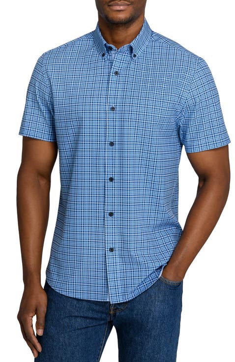 Slim Fit Houndstooth Plaid Woven Short Sleeve Basic Shirt