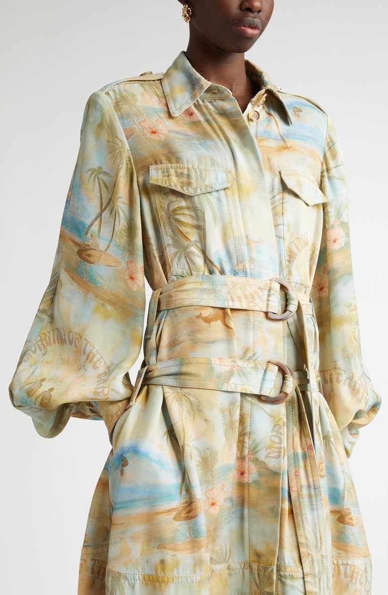 Tropical Print Long Sleeve Belted Cargo Shirtdress