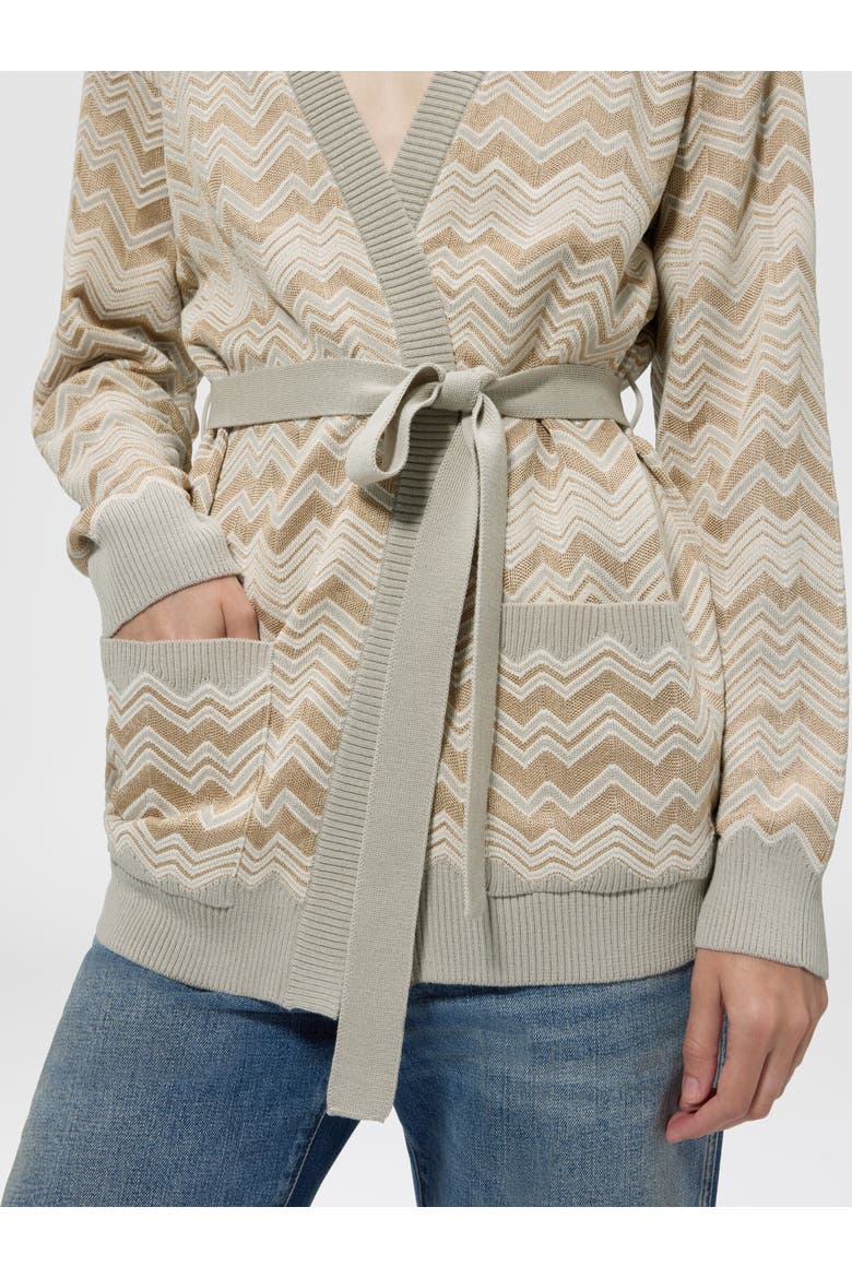 Zig Zag Viscose And Wool Cardigan With Belt, Alternate, color, Beige