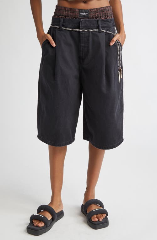 Alexander Wang Pre-styled Pleated Denim Shorts With Chain Belt In Black