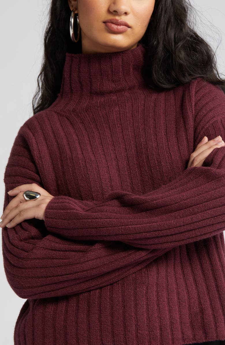 Open Edit Women's Cotton Blend Rib Funnel Neck Sweater, Alternate, color, Burgundy London