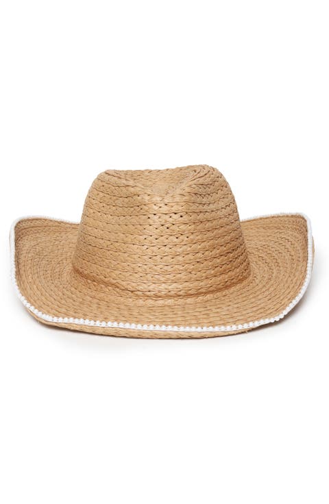 Faux Pearl Trim Woven Cowboy Hat
