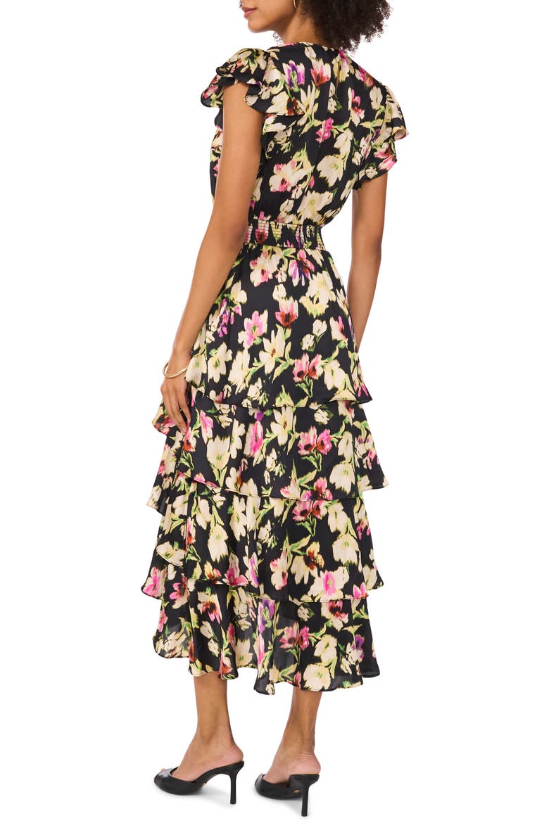 Floral Tiered Flutter Sleeve Midi Dress, Alternate, color, RICH BLACK