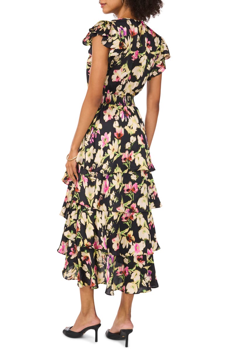 Vince Camuto Floral Tiered Flutter Sleeve Midi Dress, Alternate, color, Rich Black