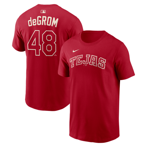 Men's Nike Jacob deGrom Red Texas Rangers 2026 City Connect Name & Number T-Shirt
