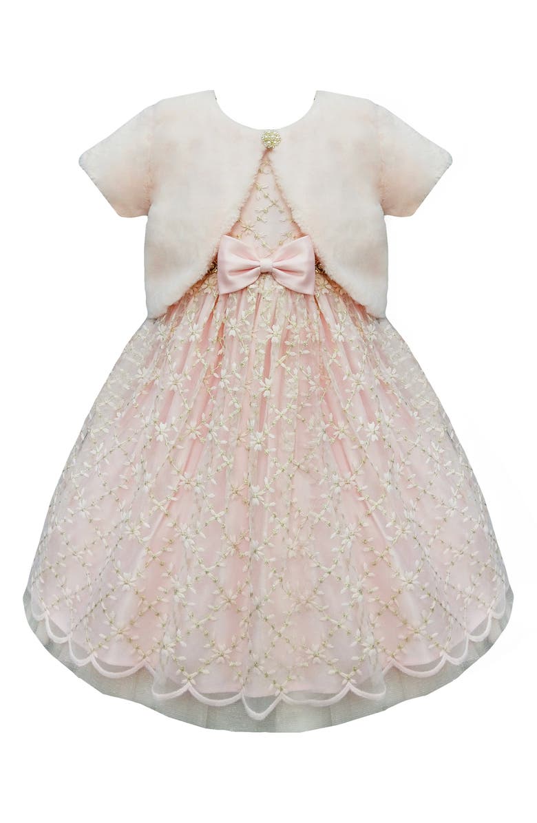 AMERICAN PRINCESS Kids' Flower Embroidered Dress & Faux Fur Bolero Jacket, Main, color, Blush