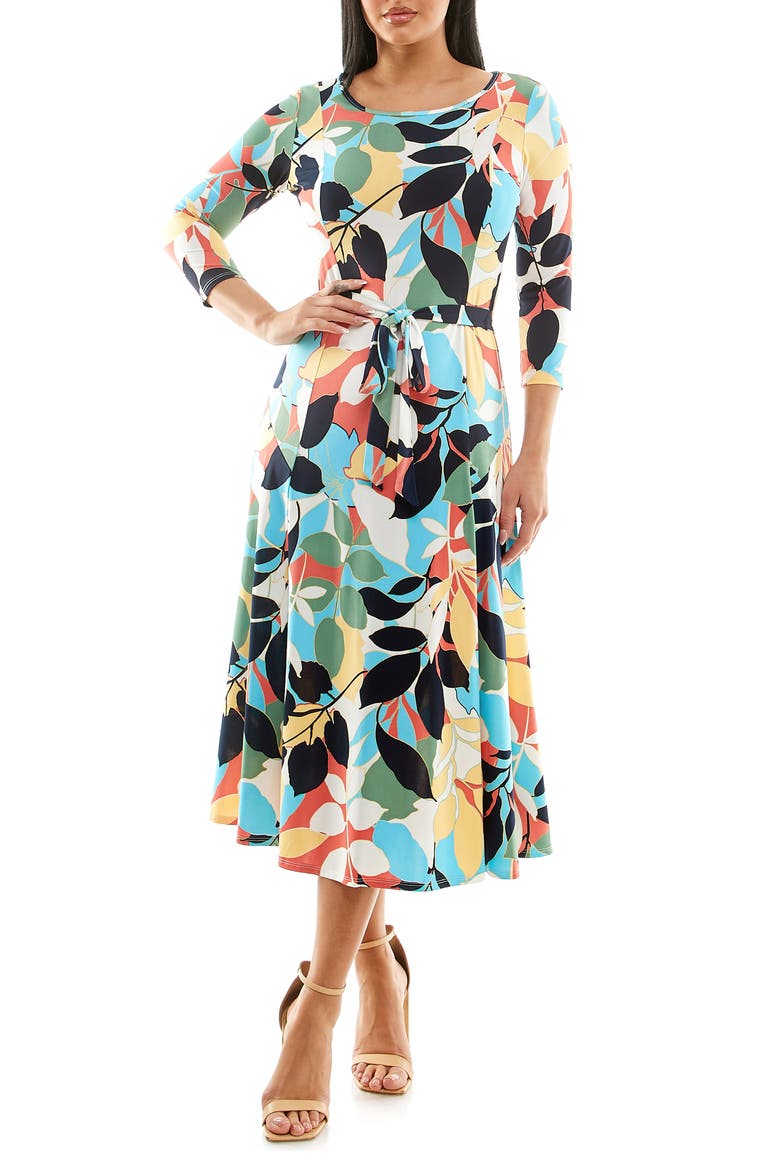Crewneck Three-Quarter Sleeve Midi Dress, Main, color, NAVY/ CAROLINA MULTI
