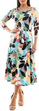 Nina Leonard Crewneck Three-Quarter Sleeve Midi Dress