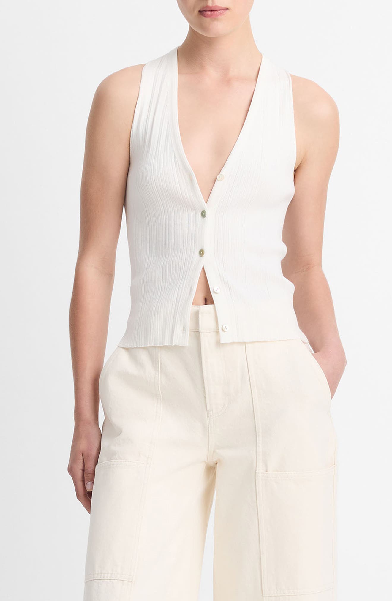 Vince Rib Button-Up Cotton Sweater Vest