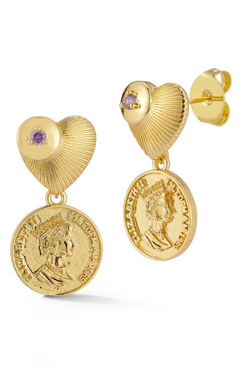 CZ Heart & Coin Drop Earrings