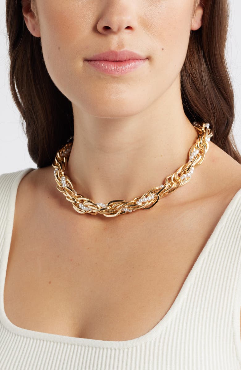 Open Edit Faux Pearl Wrapped Chain Necklace, Alternate, color, White- Gold