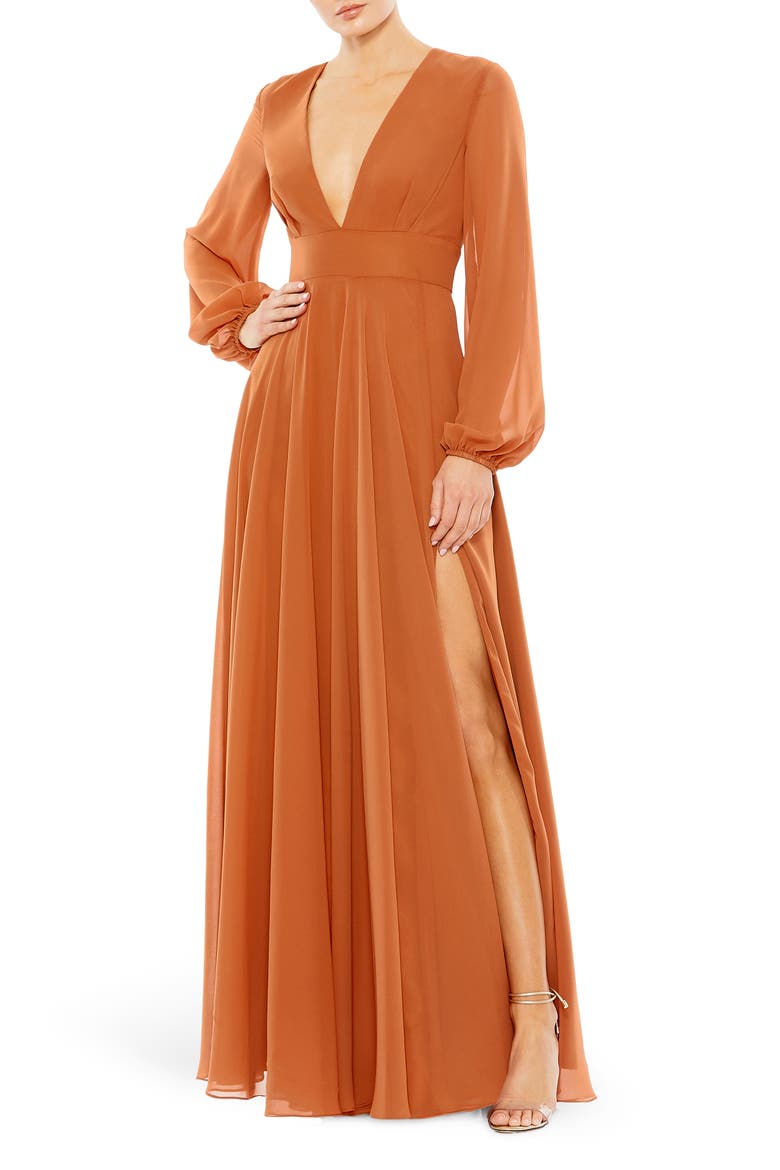 Long Sleeve Chiffon Gown, Main, color, TERRA COTTA