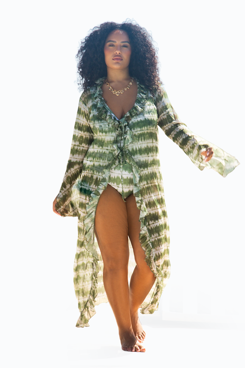 Fashion-szn Curve Curve Tie Dye Ruffle Resort Kaftan In Green