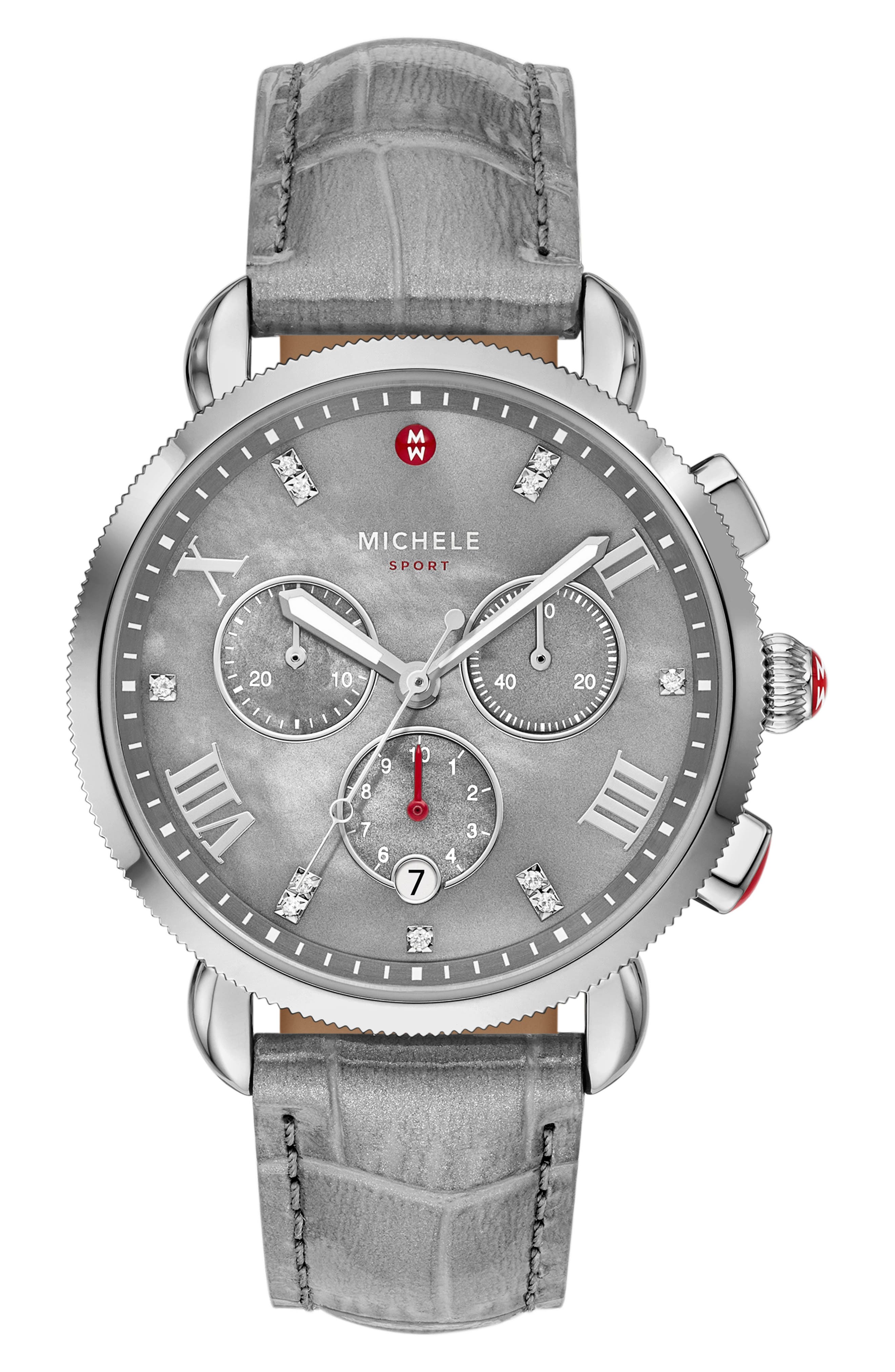 MICHELE Sport Sail Diamond Chronograph Leather Strap Watch, 38mm