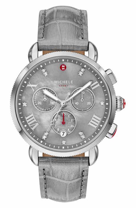 MICHELE Sport Sail Diamond Chronograph Leather Strap Watch, 38mm