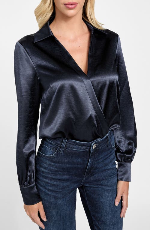Guess Leah Long Sleeve Satin Bodysuit In Blue