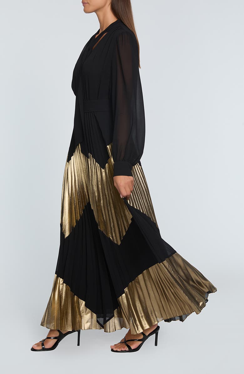 Elie Tahari The Carrie Gilded Pleated Long Sleeve Maxi Dress, Alternate, color, 