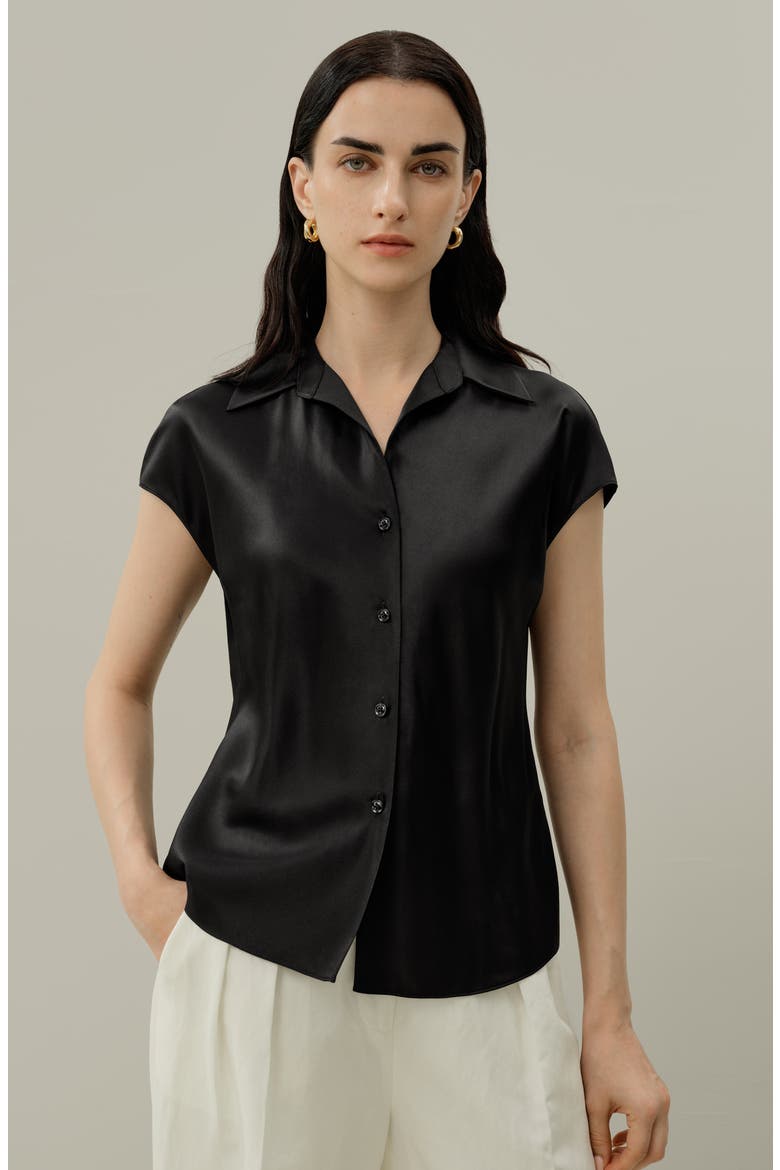 Women's Bias Cut Cap-Sleeve Silk Shirt, Alternate, color, Black