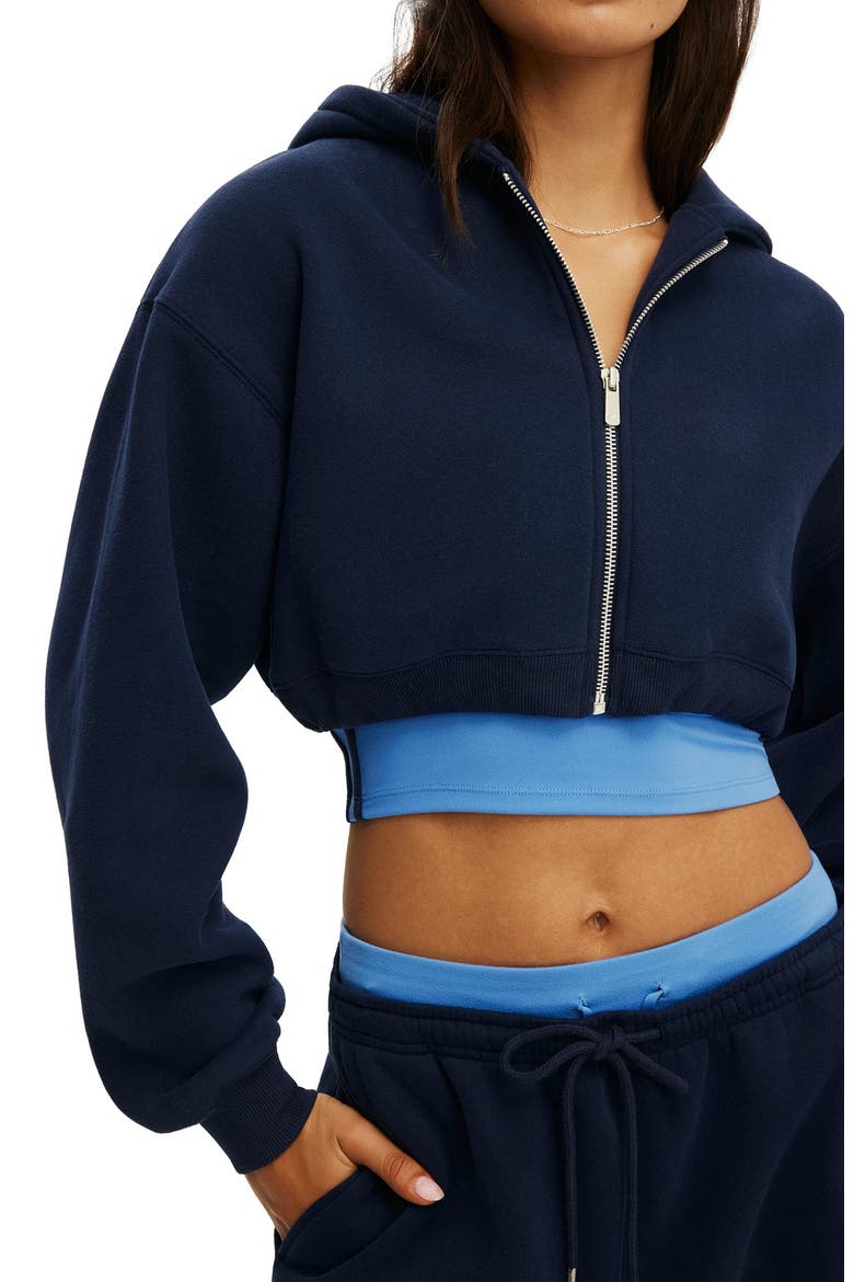 Women's Active Plush Micro Cropped Zip Through, Alternate, color, Prep Sport Navy