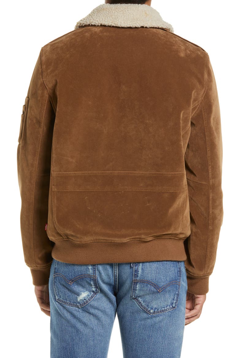 Levi's® Faux Suede Aviator Bomber Jacket with Removable Faux Shearling Collar, Alternate, color, COGNAC/ CREAM