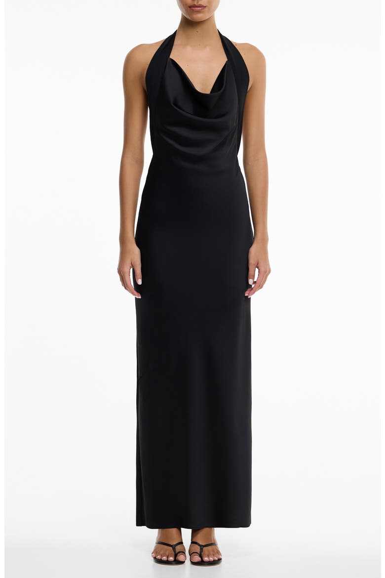 Devlyn Cowl Halter Neck Open Back Gown, Main, color, BLACK