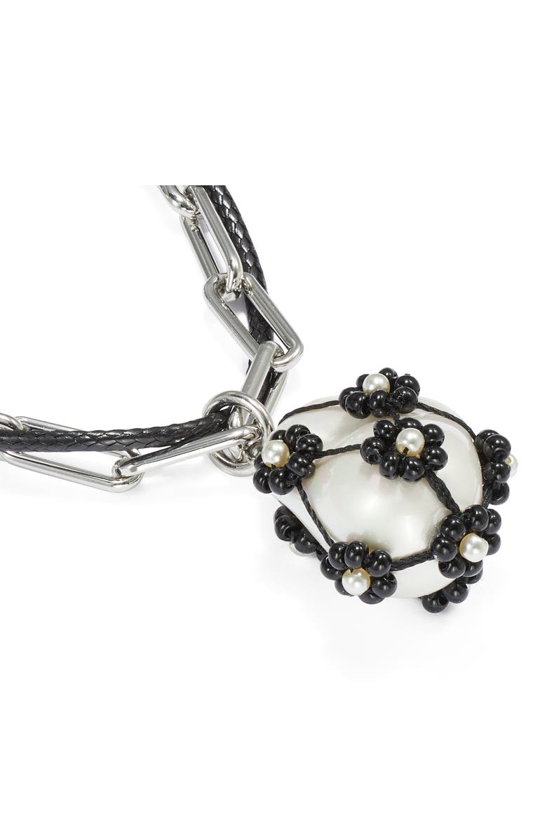 Tory Burch Curiosity Freshwater Pearl Pendant Necklace, Alternate, color, Tory Silver / Black