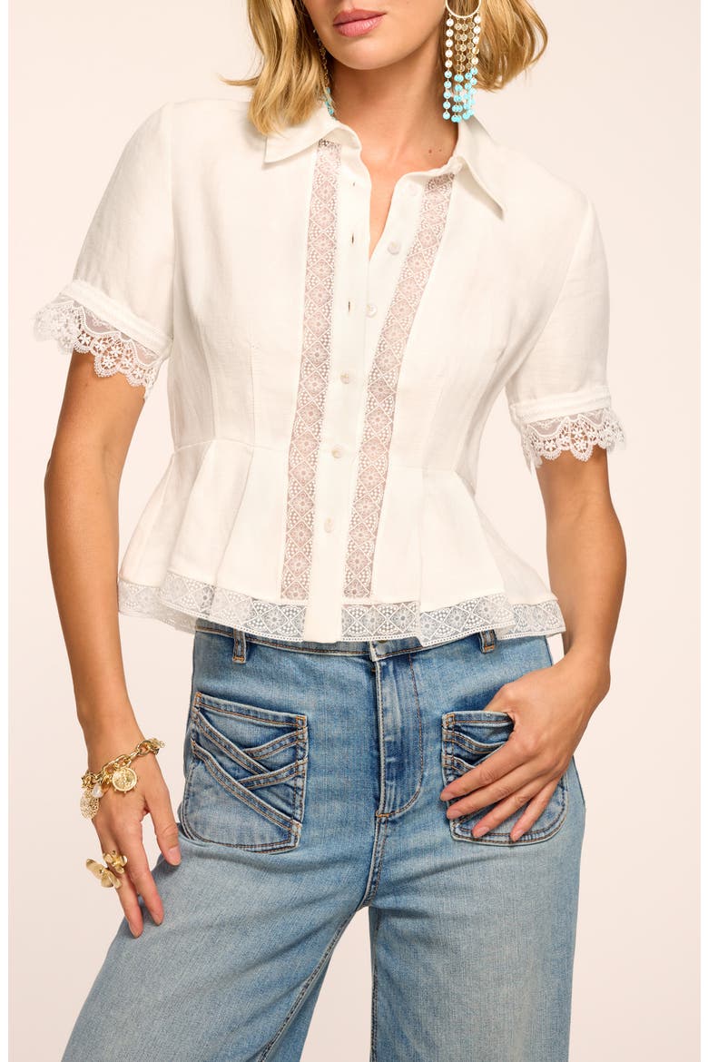 Becky Lace Trim Short Sleeve Button-Up Shirt, Main, color, WHITE