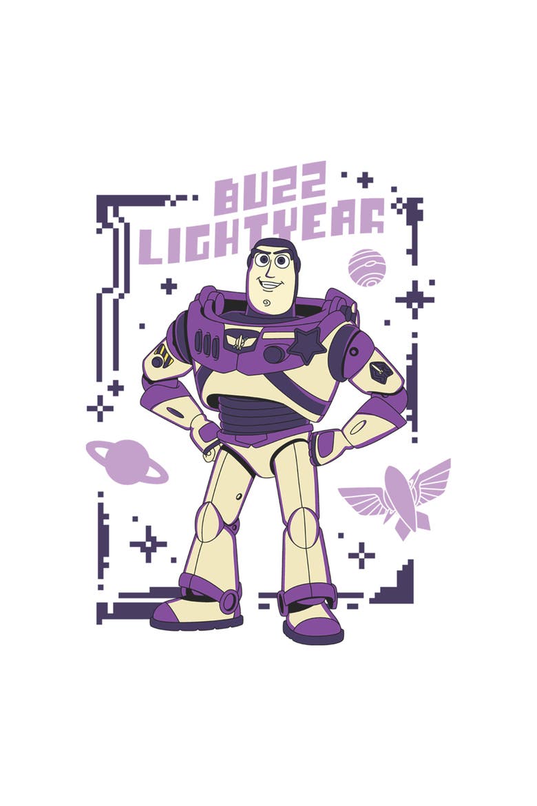 Junior's Purple Buzz Frame Short Sleeve Graphic T-Shirt, Alternate, color, White