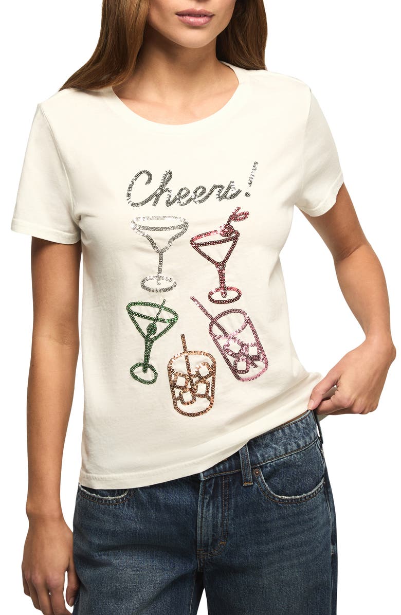 Lucky Brand Sequin Cheers Glasses T-Shirt, Main, color, Bright White