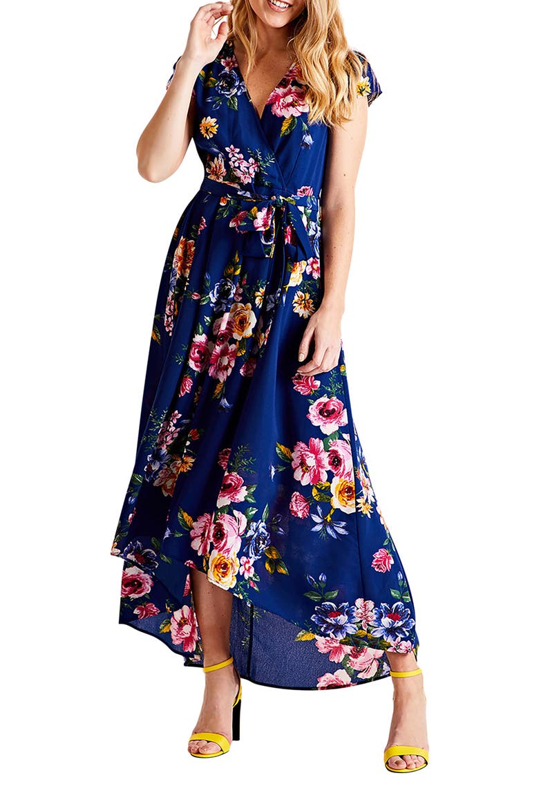 Floral Print Dipped Hem Wrap Midi Dress, Alternate, color, Navy