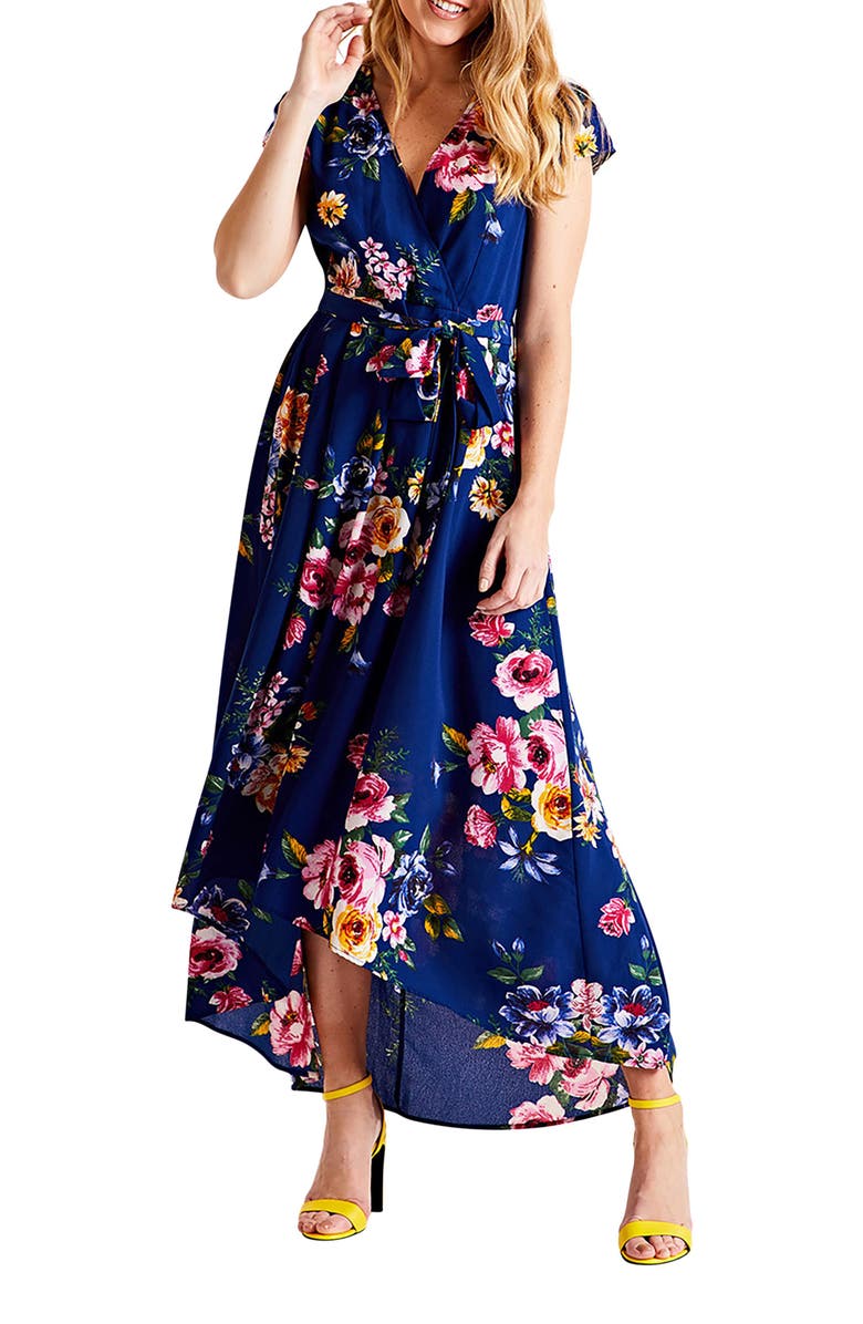Yumi Floral Print Dipped Hem Wrap Midi Dress, Alternate, color, Navy