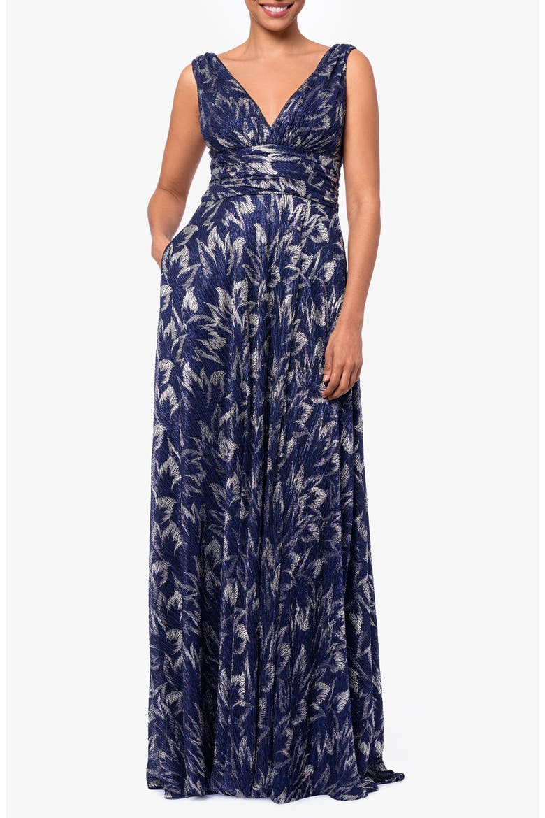 Metallic Floral A-Line Gown, Main, color, NAVY/ GUNMETAL